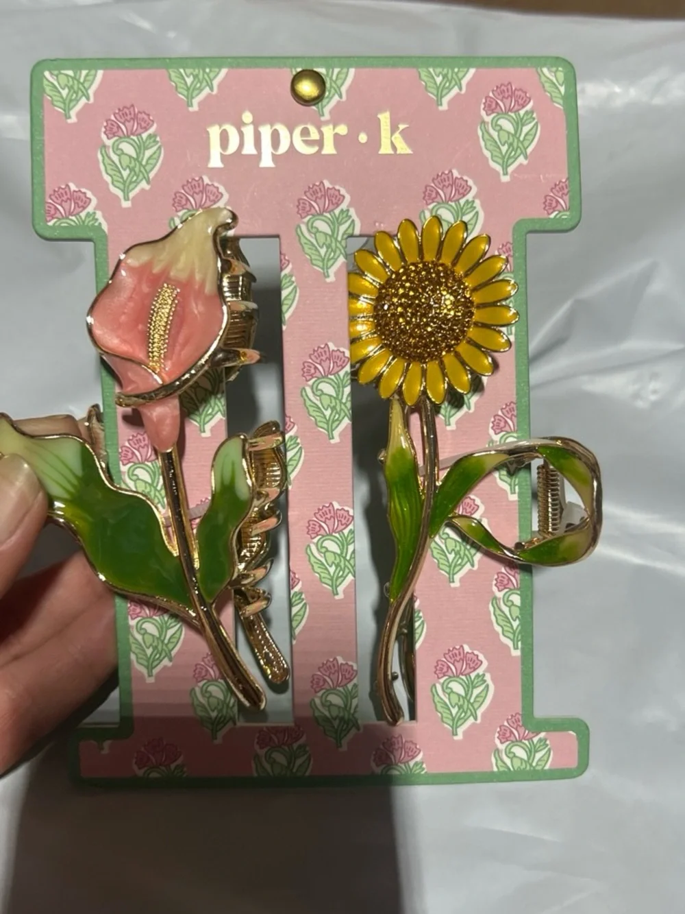 Floral Enamel Hair Clips Set - Yellow Sunflower & Pink Calla Lily